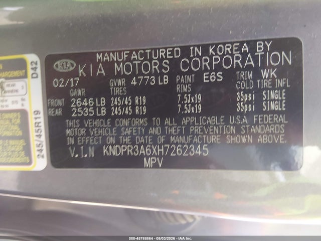 2017 Kia Sportage Sx Turbo მანქანა იყიდება აუქციონზე, vin: KNDPR3A6XH7262345, აუქციონის ნომერი: 45788864