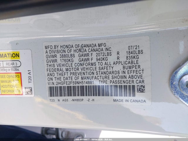2HGFE2F59NH514881 Honda Civic Sport