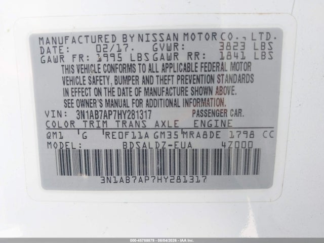 Продаж на аукціоні авто 2017 Nissan Sentra Sv, vin: 3N1AB7AP7HY281317, номер лоту: 45788879
