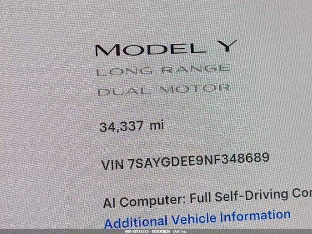 7SAYGDEE9NF348689 Tesla Model Y Long Range Dual Motor All-wheel Drive