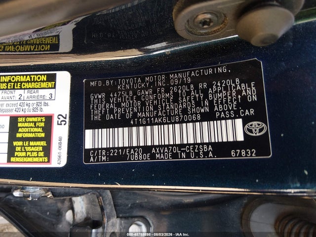 Toyota CAMRY SE 2020 4T1G11AK6LU870068 Image 9