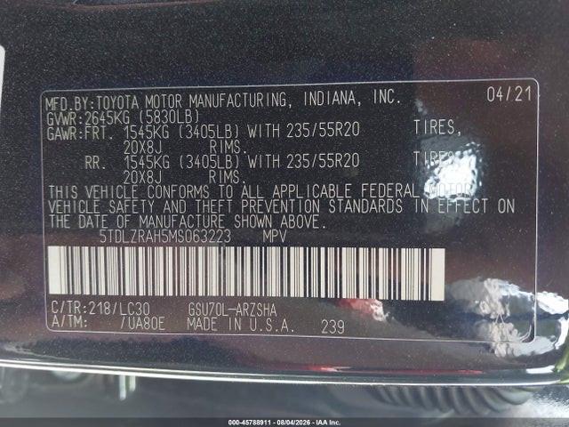 2021 Toyota Highlander Xse მანქანა იყიდება აუქციონზე, vin: 5TDLZRAH5MS063223, აუქციონის ნომერი: 45788911
