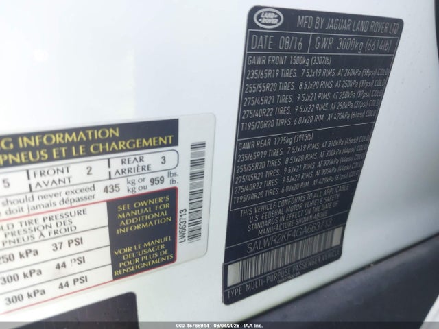 45788914 :رقم المزاد ، SALWR2KF4GA663713 vin ، 2016 Land Rover Range Rover Sport 3.0l V6 Turbocharged Diesel Hse Td6 مزاد بيع