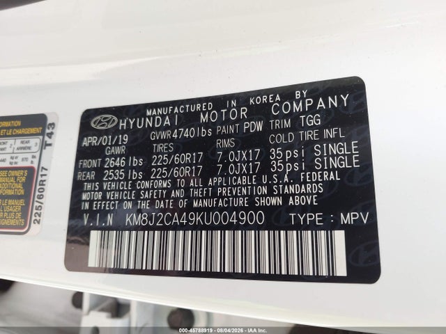Aukcja sprzedaży 2019 Hyundai Tucson Se, vin: KM8J2CA49KU004900, numer aukcji: 45788919