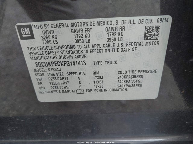 45788922 :رقم المزاد ، 3GCUKPECXFG141413 vin ، 2015 Chevrolet Silverado 1500 Ls مزاد بيع