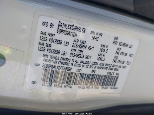 45788924 :رقم المزاد ، 2C8GP64LX2R550962 vin ، 2002 Chrysler Town & Country Limited مزاد بيع