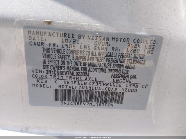 2021 Nissan Versa Sv Xtronic Cvt მანქანა იყიდება აუქციონზე, vin: 3N1CN8EV7ML923024, აუქციონის ნომერი: 45788927