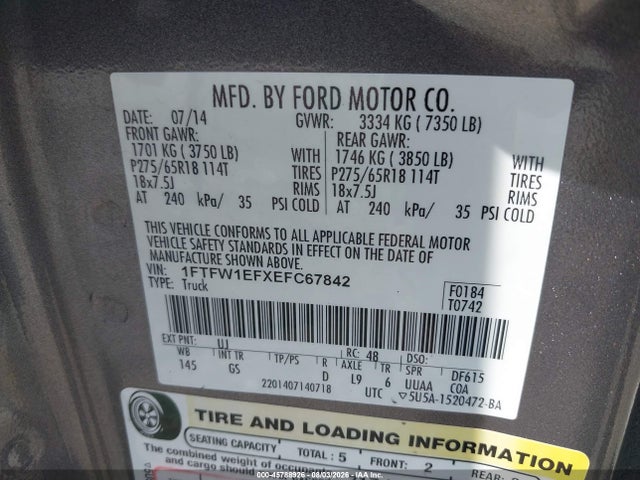 Продажа на аукционе авто 2014 Ford F-150 Xlt, vin: 1FTFW1EFXEFC67842, номер лота: 45788926