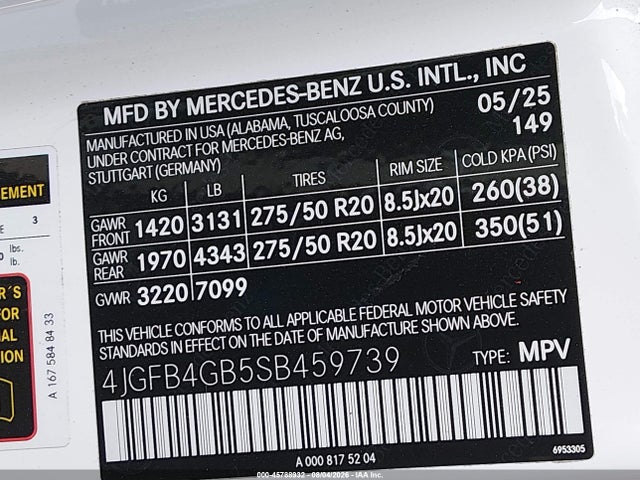 Aukcja sprzedaży 2025 Mercedes-benz Gle 450e 4matic, vin: 4JGFB4GB5SB459739, numer aukcji: 45788932