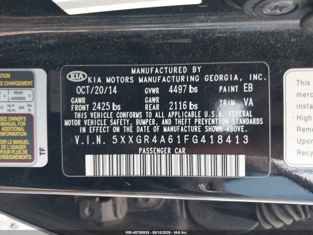Aukcja sprzedaży 2015 Kia Optima Sx Turbo, vin: 5XXGR4A61FG418413, numer aukcji: 45788938
