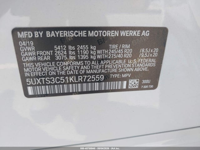 Продажа на аукционе авто 2019 Bmw X3 M40i, vin: 5UXTS3C51KLR72559, номер лота: 45788948