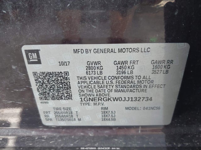 2018 Chevrolet Traverse Lt Cloth მანქანა იყიდება აუქციონზე, vin: 1GNERGKW0JJ132734, აუქციონის ნომერი: 45788959