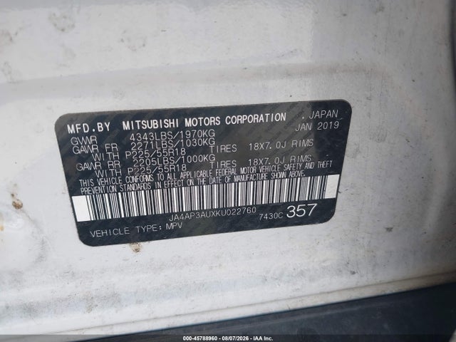 2019 Mitsubishi Outlander Sport 2.0 Es მანქანა იყიდება აუქციონზე, vin: JA4AP3AUXKU022760, აუქციონის ნომერი: 45788960