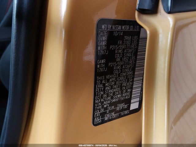 Продажа на аукционе авто 2015 Nissan Juke Sv, vin: JN8AF5MRXFT501403, номер лота: 45788974