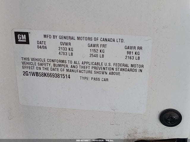 Продаж на аукціоні авто 2006 Chevrolet Impala Ls, vin: 2G1WB58K669381514, номер лоту: 45788977