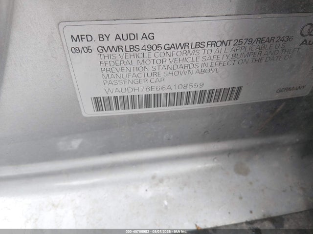 Продаж на аукціоні авто 2006 Audi A4 3.2, vin: WAUDH78E66A108559, номер лоту: 45788982