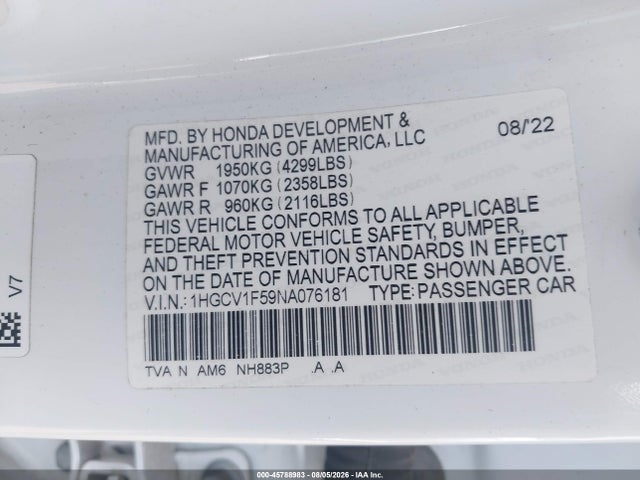 Aukcja sprzedaży 2022 Honda Accord Ex-l, vin: 1HGCV1F59NA076181, numer aukcji: 45788983