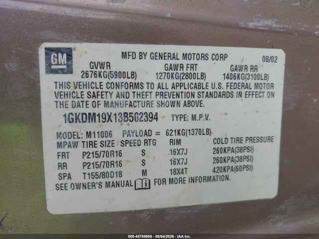 Продаж на аукціоні авто 2003 Gmc Safari Passenger, vin: 1GKDM19X13B502394, номер лоту: 45788988