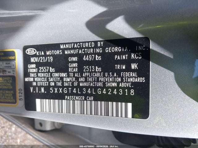 45788992 :رقم المزاد ، 5XXGT4L34LG424318 vin ، 2020 Kia Optima Lx مزاد بيع