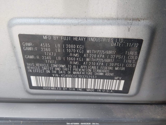 45788994 :رقم المزاد ، 4S4BRCGC1D3252551 vin ، 2013 Subaru Outback 2.5i Premium مزاد بيع