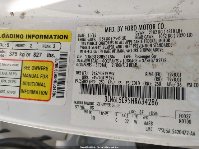 Продажа на аукционе авто 2017 Lincoln Mkz Reserve, vin: 3LN6L5E95HR634286, номер лота: 45788998
