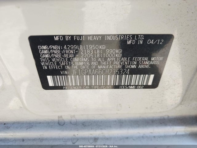 Продажа на аукционе авто 2012 Subaru Impreza 2.0i, vin: JF1GPAA66CH235324, номер лота: 45789009