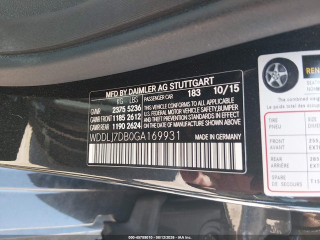 45789010 :رقم المزاد ، WDDLJ7DB0GA169931 vin ، 2016 Mercedes-benz Cls 550 مزاد بيع