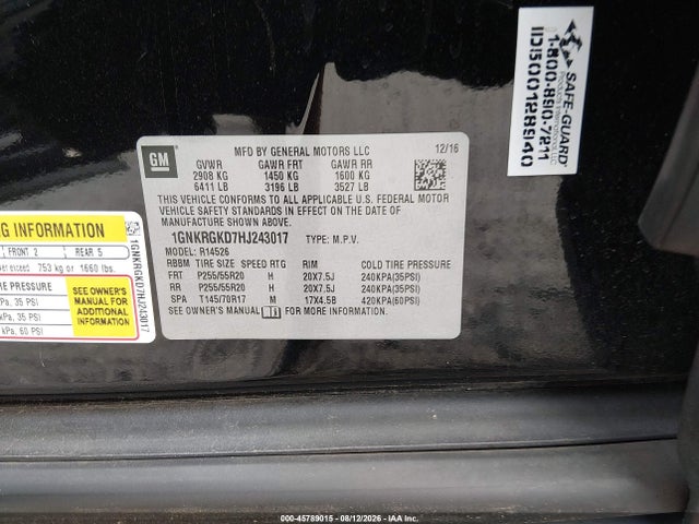 Продаж на аукціоні авто 2017 Chevrolet Traverse Lt, vin: 1GNKRGKD7HJ243017, номер лоту: 45789015