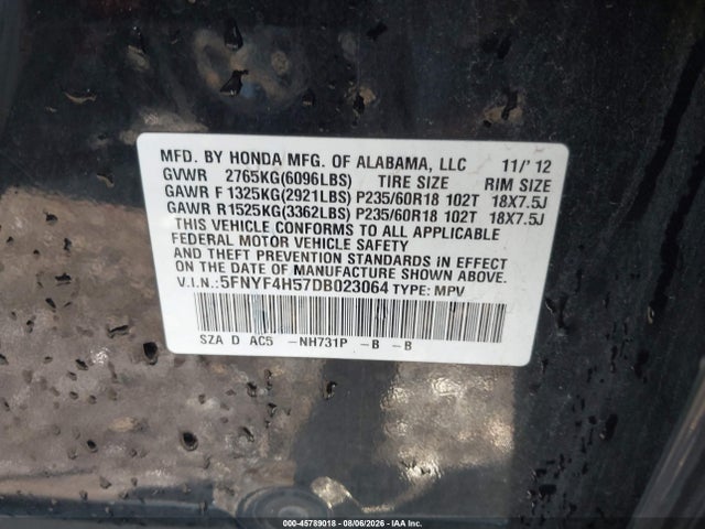 45789018 :رقم المزاد ، 5FNYF4H57DB023064 vin ، 2013 Honda Pilot Ex-l مزاد بيع