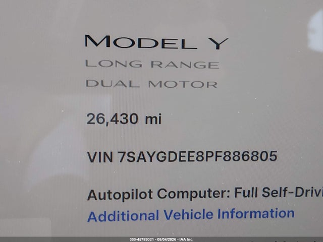 2023 Tesla Model Y Awd/long Range Dual Motor All-wheel Drive მანქანა იყიდება აუქციონზე, vin: 7SAYGDEE8PF886805, აუქციონის ნომერი: 45789021