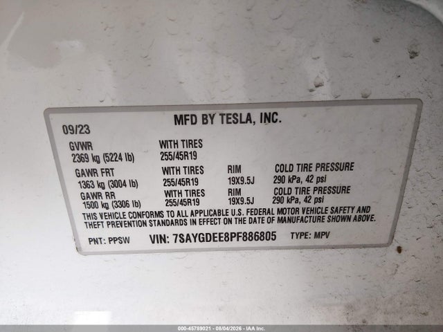 2023 Tesla Model Y Awd/long Range Dual Motor All-wheel Drive მანქანა იყიდება აუქციონზე, vin: 7SAYGDEE8PF886805, აუქციონის ნომერი: 45789021
