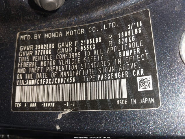 Honda Civic Ex-t 2018 JHMFC1F3XJX007456 Image 9