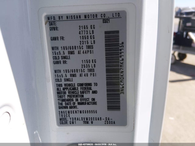 45789025 :رقم المزاد ، 3N6CM0KN7MK699956 vin ، 2021 Nissan Nv200  Cargo S Xtronic Cvt مزاد بيع