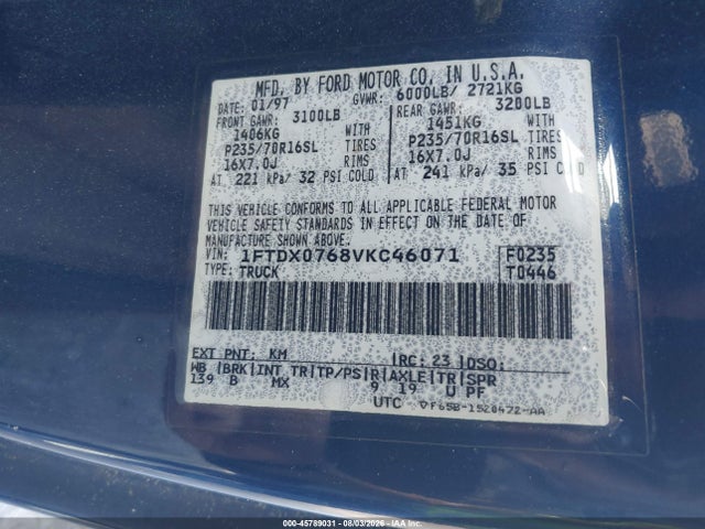 Aukcja sprzedaży 1997 Ford F-150 Standard, vin: 1FTDX0768VKC46071, numer aukcji: 45789031