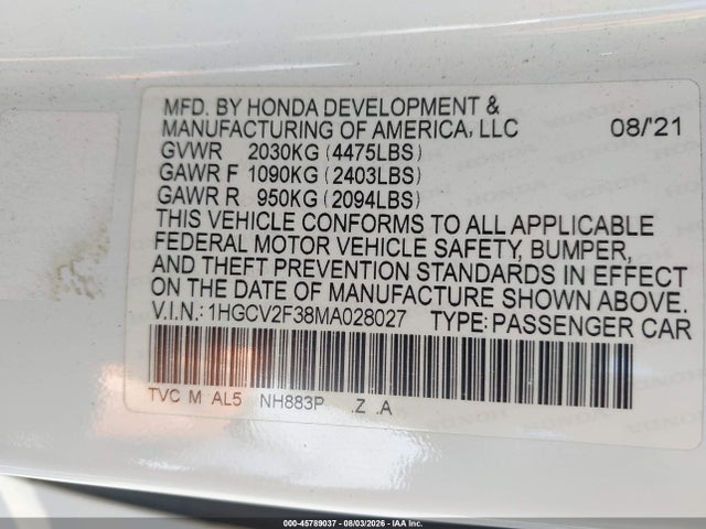 1HGCV2F38MA028027 Honda Accord Sport 2.0t