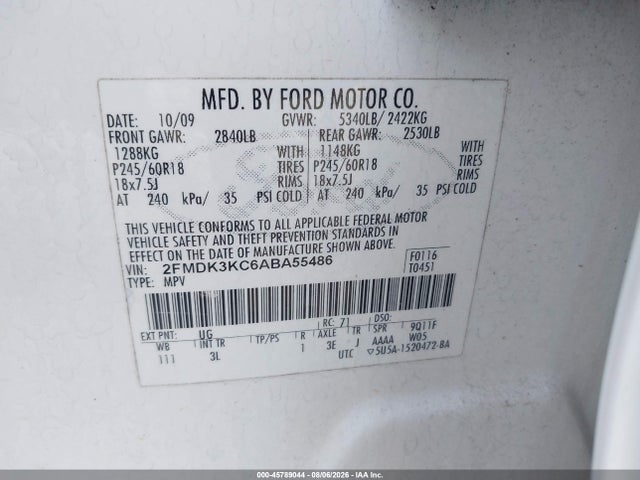 45789044 :رقم المزاد ، 2FMDK3KC6ABA55486 vin ، 2010 Ford Edge Limited مزاد بيع