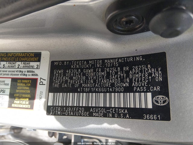 45789058 :رقم المزاد ، 4T1BF1FK6GU147900 vin ، 2016 Toyota Camry Se مزاد بيع