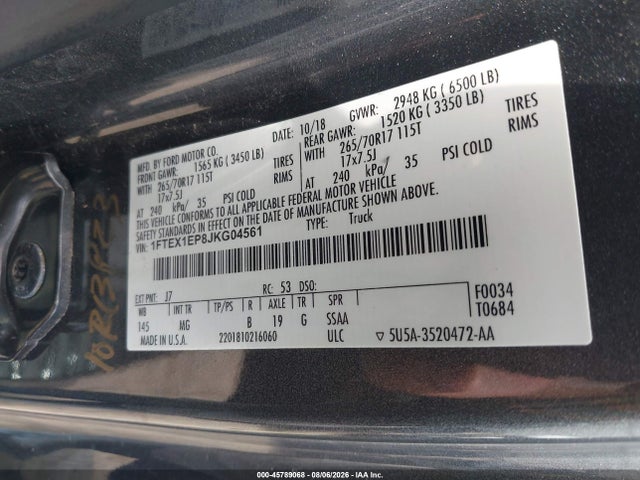 45789068 :رقم المزاد ، 1FTEX1EP8JKG04561 vin ، 2018 Ford F-150 Lariat/xl/xlt مزاد بيع