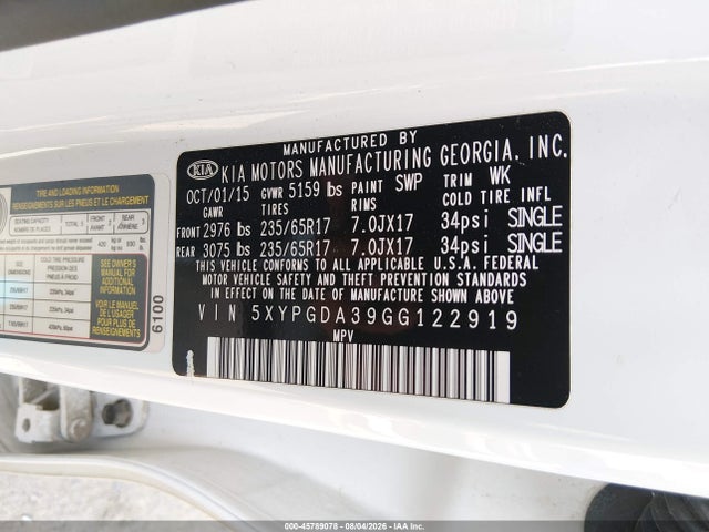 Auction sale of the 2016 Kia Sorento 2.4l Lx, vin: 5XYPGDA39GG122919, lot number: 45789078