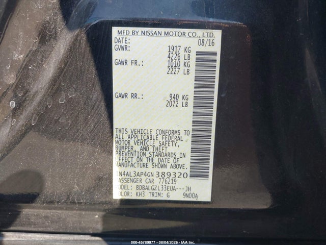 2016 Nissan Altima 2.5 S მანქანა იყიდება აუქციონზე, vin: 1N4AL3AP4GN389320, აუქციონის ნომერი: 45789077