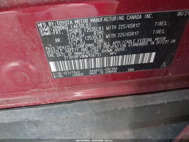 Aukcja sprzedaży 2021 Toyota Rav4 Le, vin: 2T3H1RFV8MW156733, numer aukcji: 45789081