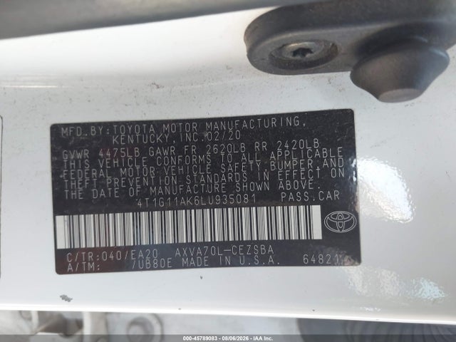 2020 Toyota Camry Se მანქანა იყიდება აუქციონზე, vin: 4T1G11AK6LU935081, აუქციონის ნომერი: 45789083
