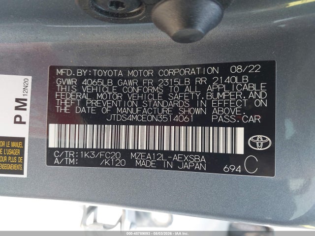 Toyota COROLLA SE 2022 JTDS4MCE0N3514061 Image 9