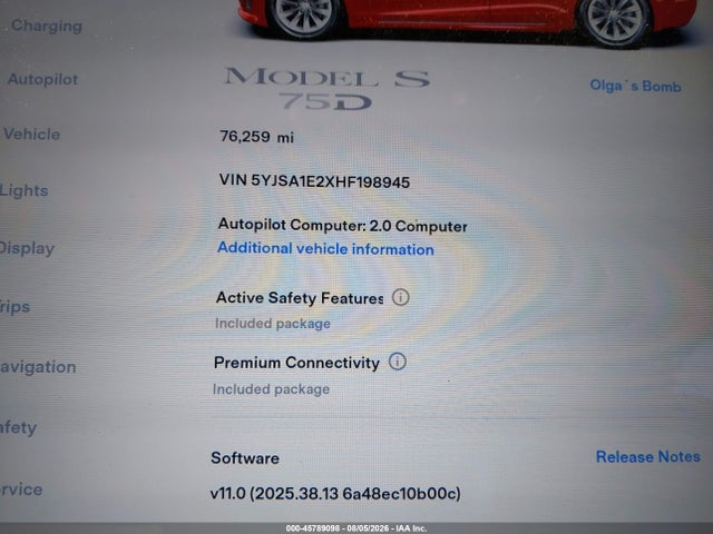 Tesla Model S 100d/60d/75d/90d/p100d 2017 5YJSA1E2XHF198945 Image 19