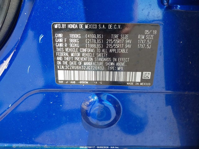 45789117 :رقم المزاد ، 3CZRU6H32JG726432 vin ، 2018 Honda Hr-v Lx مزاد بيع