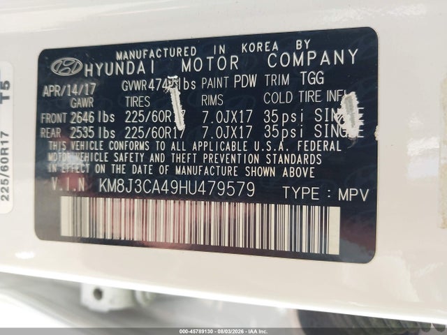 Продажа на аукционе авто 2017 Hyundai Tucson Se, vin: KM8J3CA49HU479579, номер лота: 45789130