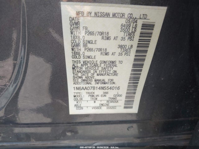 2004 Nissan Titan Le მანქანა იყიდება აუქციონზე, vin: 1N6AA07B14N554016, აუქციონის ნომერი: 45789139