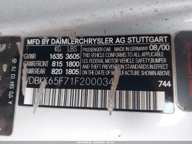 45789145 :رقم المزاد ، WDBKK65F71F200034 vin ، 2001 Mercedes-benz Slk 320 مزاد بيع