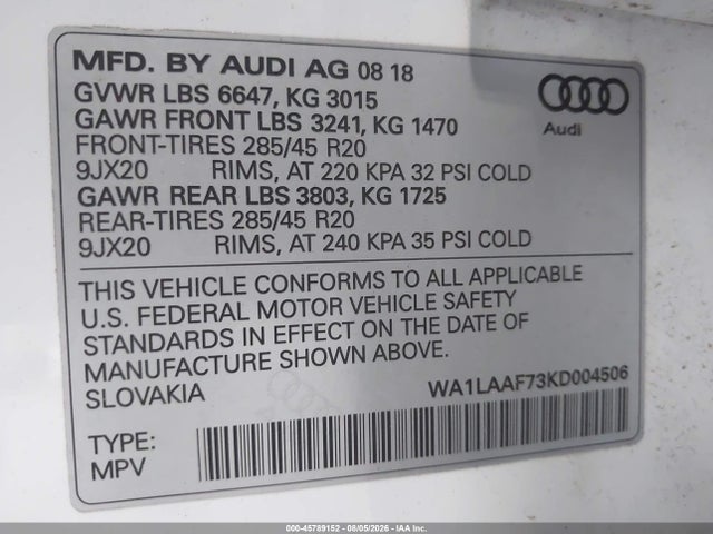 Продаж на аукціоні авто 2019 Audi Q7 55 Premium/55 Se Premium, vin: WA1LAAF73KD004506, номер лоту: 45789152