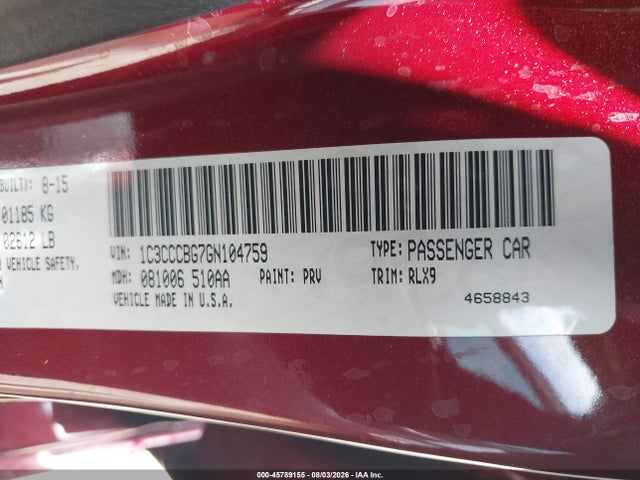 Продаж на аукціоні авто 2016 Chrysler 200 S, vin: 1C3CCCBG7GN104759, номер лоту: 45789155